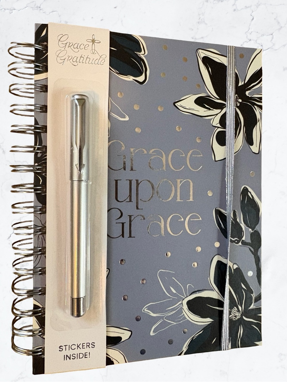 Religious Grace Upon Grace Silver Floral Spiral Notebook with Pen - Picture 2 of 3